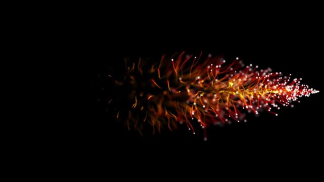 Red and yellow optical fiber particle stream trail with glowing dots moving. futuristic artificial intelligence data network flowing through, abstract fiber wires in seamless cinematic 4K animation.