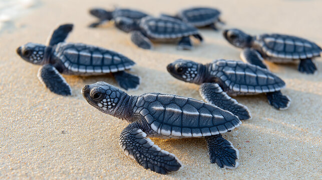 Tiny sea hatchlings crawl on sandy shore to ocean, new life journey
