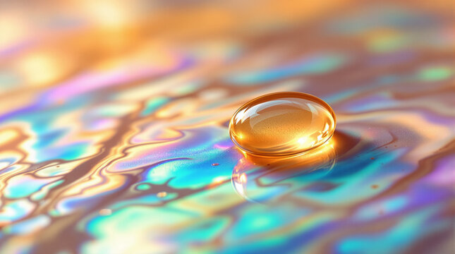 Minimalist macro shot of a golden cosmetic oil drop on an iridescent mother-of-pearl surface.