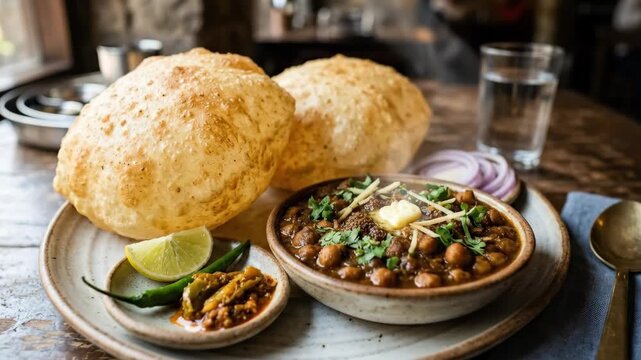 Delhi Style Chole Bhature &ndash; Fluffy Fried Bread with Spicy Chickpea Curry Food Shot, rich texture, fresh garnish and restaurant menu appeal, clean table presentation, soft natural light, flavorful