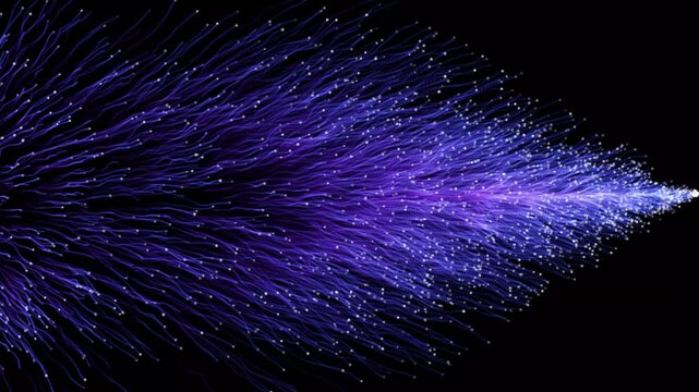 Blue colorful optical fiber particles trial with glowing energy dots flowing. fibra optica artificial intelligence network data, futuristic technology web and vibrant fibre optic light stream. 4k