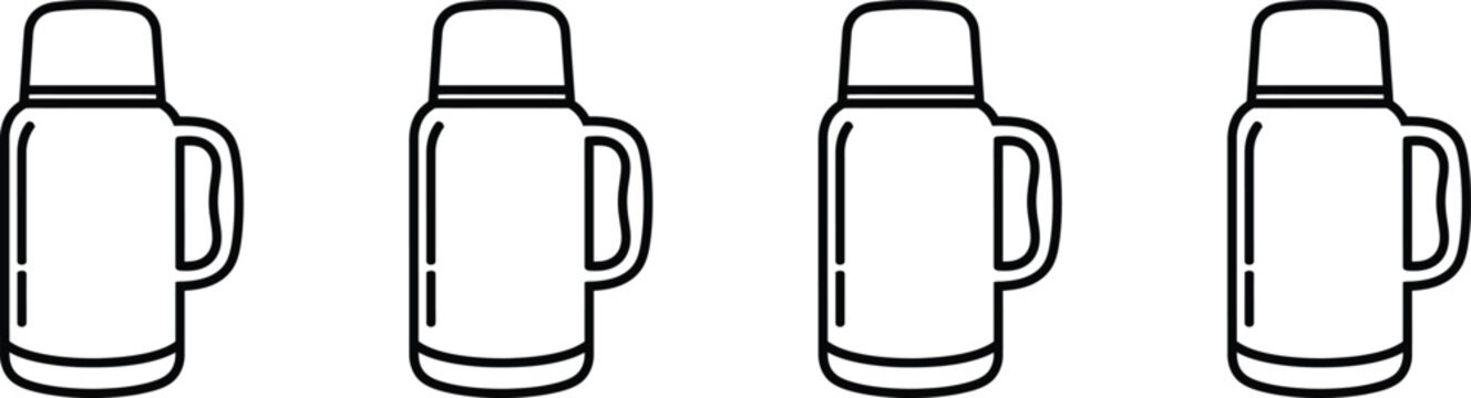 Four identical black line art thermos bottle illustrations