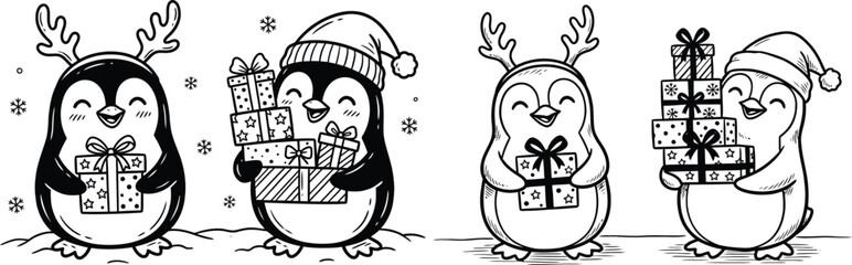 Four penguins holding christmas gifts with reindeer antlers © Israt