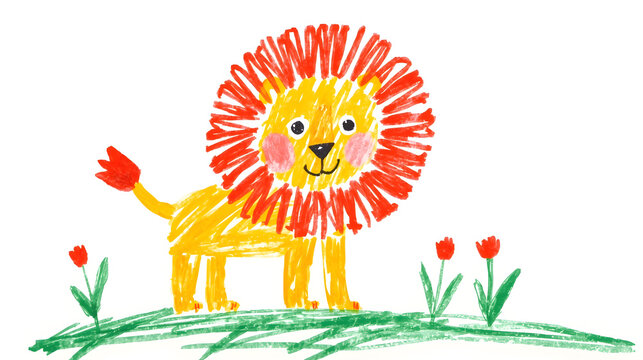 A cheerful, crayon-drawn lion with a bright orange mane stands in a field of green grass with red tulips.