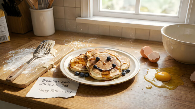 
Messy kitchen pancakes lopsided eggshells flour spatula blueberry face syrup smile Happy Father's Day breakfast made with love 2026
