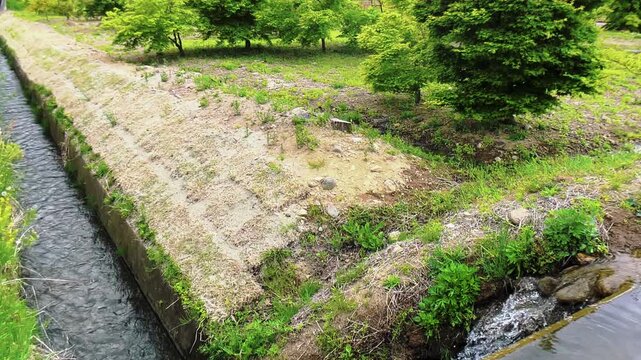 【自然】田舎の水路と道路と田園と緑広がる水の流れの風景 - Rural Landscape with Water Channel, Road, Expansive Green Fields and Flowing Water