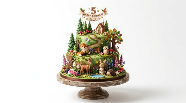 Happy 5th Birthday Extravagant Forest Themed Birthday Cake With Wildlife Decor