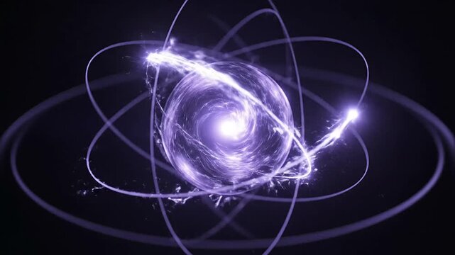 Glowing solar plasma energy core with orbital rings representing nuclear fusion and scientific power in dark background