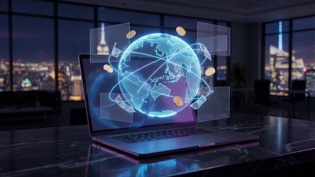 Global money transfer concept connecting international banking worldwide network through laptop platform showing earth globe currency exchange and cross border payment for business success