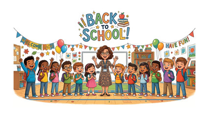 Back to School Celebration: A cheerful teacher stands with a diverse group of happy elementary school children, ready for the first day of school, surrounded by festive decorations. © Atiya