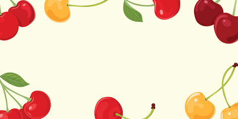 Summer cherry berry background border with ripe red and yellow cherries in a flat style. Vector graphic design template for organic food banner, seasonal sale poster. © Nadiia