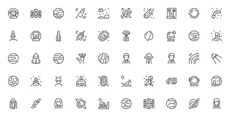 Space icon set. Minimalist vector icons pack. Includes symbols for planet, astronaut, spaceship, moon, space station, comet, sun, black hole, Mars rover, UFO, Jupiter, Saturn and more. Editable vector © wang