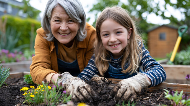 Grandmother and granddaughter planting native wildflowers in community garden plot on World Environment Day, intergenerational joy on their faces, raised beds surrounding them, tool shed visible, so