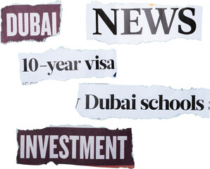 Obraz premium Set of Dubai business and investment newspaper headline torn paper clippings isolated on white transparent background