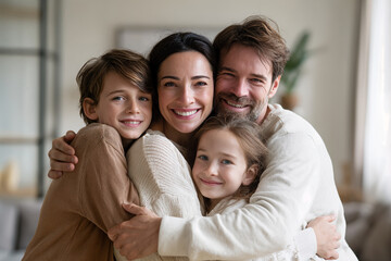 Fototapeta premium Joyful Family Group Hug Capturing Warmth and Happiness in a Modern Home