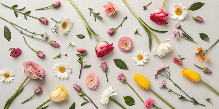 Scattered deconstructed bouquets showcasing vibrant flowers and greenery on a soft surface in natural light