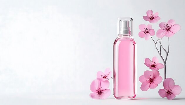 Cosmetic bottle with pink flowers cosmetic product beauty product aromatherapy.