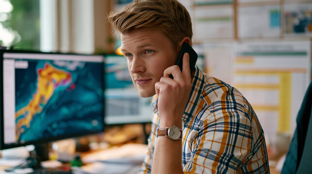 Over-the-shoulder view of freight broker negotiating spot rate on phone at cluttered office desk, port congestion map on second screen, strike timeline printed and highlighted, June afternoon, indus