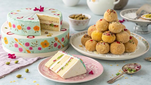 Delicious diwali ladoo and colorful barfi cake tower on a pastel surface for festive celebrations