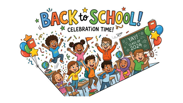Back to School Excitement: A vibrant illustration depicts a diverse group of happy children celebrating the return to school, jumping with joy amidst confetti and colorful balloons.