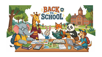 Naklejka premium Back to School Animal Buddies: A whimsical illustration depicting a group of anthropomorphic animals, including an elephant, giraffe, fox, panda, and dog, gathered around a table filled with books.