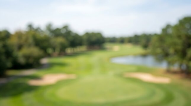 Atmospheric blurred image of a beautiful green golf course, perfect for a peaceful leisure background