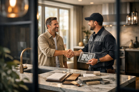 Homeowner shaking hands with contractor in luxury modern kitchen
