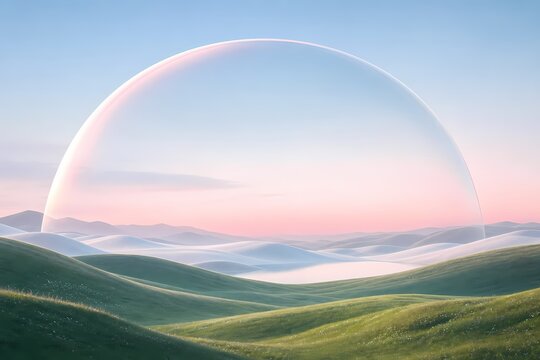 Large rainbow dome over green hills at sunrise