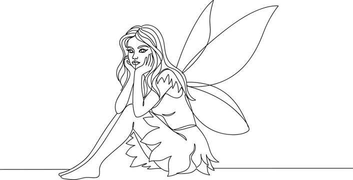 Whimsical fairy sitting in contemplative pose with delicate wings
