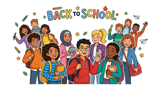 Back to School Bash: A vibrant illustration depicts a diverse group of smiling children, eager and excited for their first day of school, carrying backpacks and books.