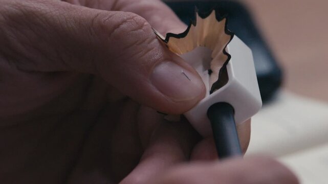 Close-up of a person sharpening a pencil, showing school supplies, writing preparation, creativity, studying, and everyday stationery use