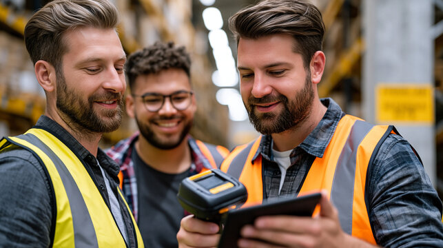 E-commerce warehouse team lead conducting end-of-shift inventory audit with handheld scanner, group dynamic of two associates reviewing shrinkage data, pallet racks extending into distance, summer e