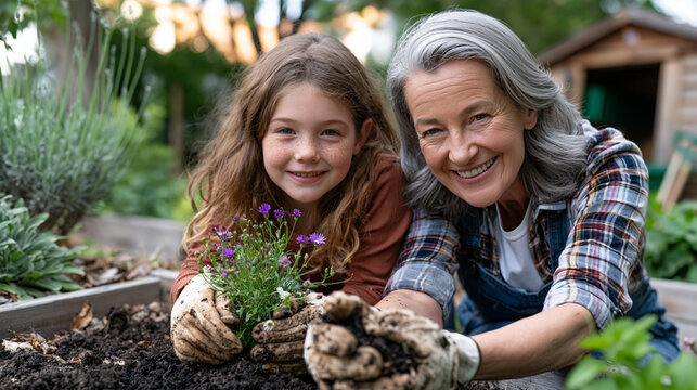 Grandmother and granddaughter planting native wildflowers in community garden plot on World Environment Day, intergenerational joy on their faces, raised beds surrounding them, tool shed visible, so
