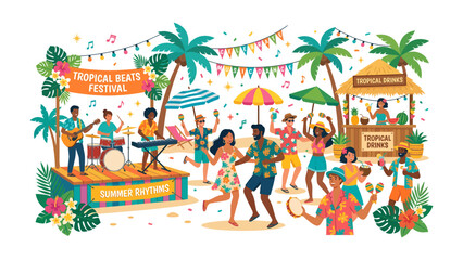 Obraz premium Tropical Beats Festival: Vibrant celebration with people dancing, live music, and tropical drinks under palm trees and colorful banners, exuding joy and summer vibes.