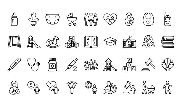Childhood and Parenthood Line Icon Collection Vector Baby Care Kids Rights Set