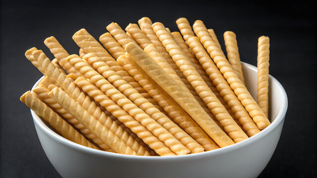 A white ceramic bowl filled with crunchy twisted breadsticks or savory snacks on a dark black background, close up food