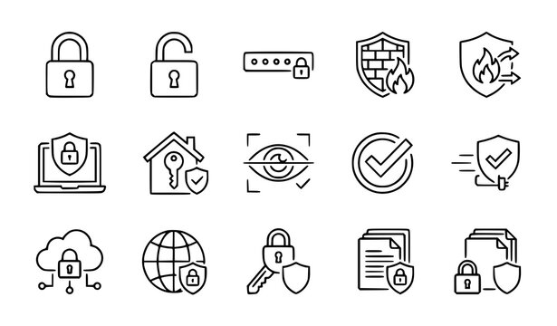 Cyber security line icon set with lock password firewall shield and internet protection vector collection