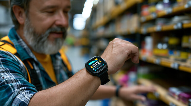 Predictive restocking AI alert notification appearing on fulfillment associate's smartwatch mid-shift, associate pausing beside empty shelf section, warehouse aisle stretching behind, process in act