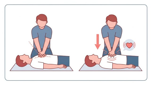 Two individuals demonstrate how to perform hands only CPR for emergency response in a workplace setting. This shows basic life-saving steps.