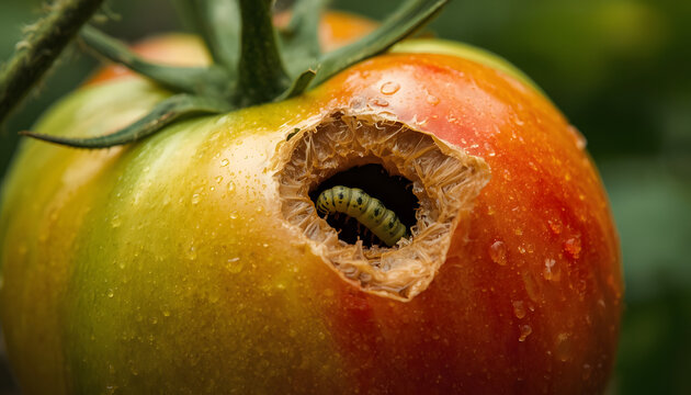 Tomato Fruit Borer Pest Damage on Growing Vegetable