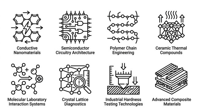 Set of scientific and technological icons representing research and development.