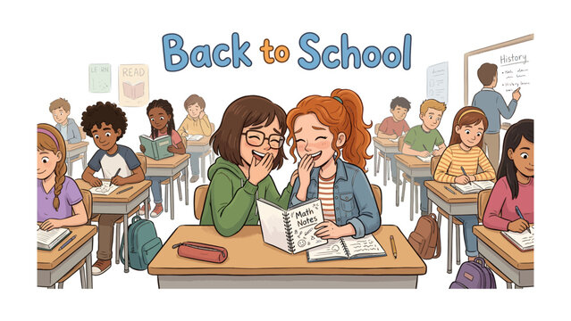 Back to School Classroom Fun: Two young girls share a secret giggle while sitting at their desks in a lively classroom. Other students and a teacher are present.