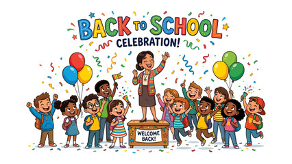 Back to School Celebration! A joyous teacher stands on a platform with a Welcome Back! sign, surrounded by excited students holding balloons and confetti, celebrating the start of a new academic year. © azizunnahar
