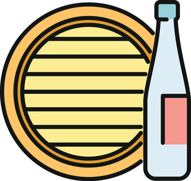 Wine barrel and bottle illustrating beverage production and storage