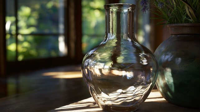 demijohn. A glass demijohn on a windowsill refracting a sunlit garden view. bar promotions, beverage menus, designed for food & beverage menus and cafe branding, used by ui designers.