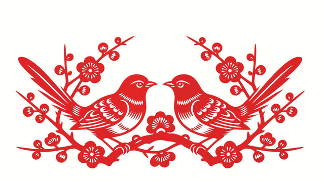 Traditional Chinese Red Paper Cut Artwork of Two Symmetrical Magpies Facing Each Other Perched on Flowering Plum Blossom Branches, Auspicious Folkloric Design