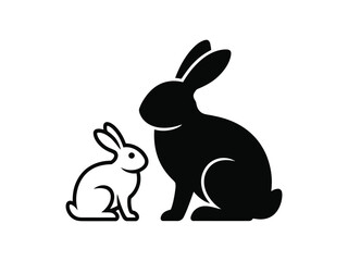 Obraz premium Two rabbit silhouettes adult and baby bunny black and white animals long ears