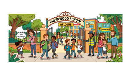 Greenwood School Welcome: A vibrant illustration depicts students arriving at Greenwood School, greeted by teachers and crossing guards, ushering in a new day of learning and friendship. © Atiya