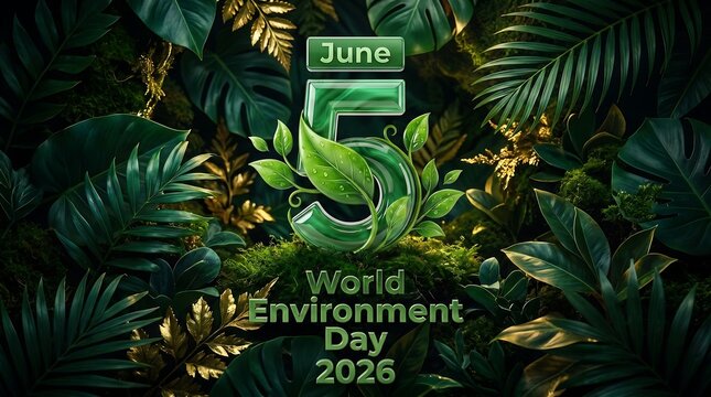 Green Number Five Amidst Tropical Foliage A 3d Render For World Environment Day 2026