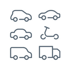 Fototapeta premium Vehicle and transportation icons set with line art graphic design transportation automobile motorcycle delivery mobility logistics graphics illustration collection minimalist